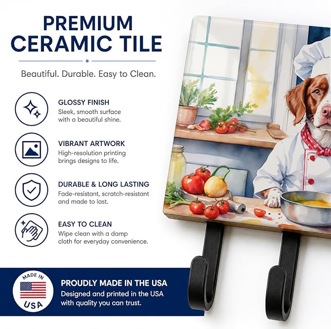 Caroline's Treasures Brittany Spaniel The Chef Leash or Key Holder Wall Hooks, Key Hooks Holder, Coat Rack Wall Mount, Coat Hooks, Hooks for Hanging Keys, Towels, Aprons, Leashes | Brittany Spaniel The Chef artwork on ceramic tile with three steel hook...