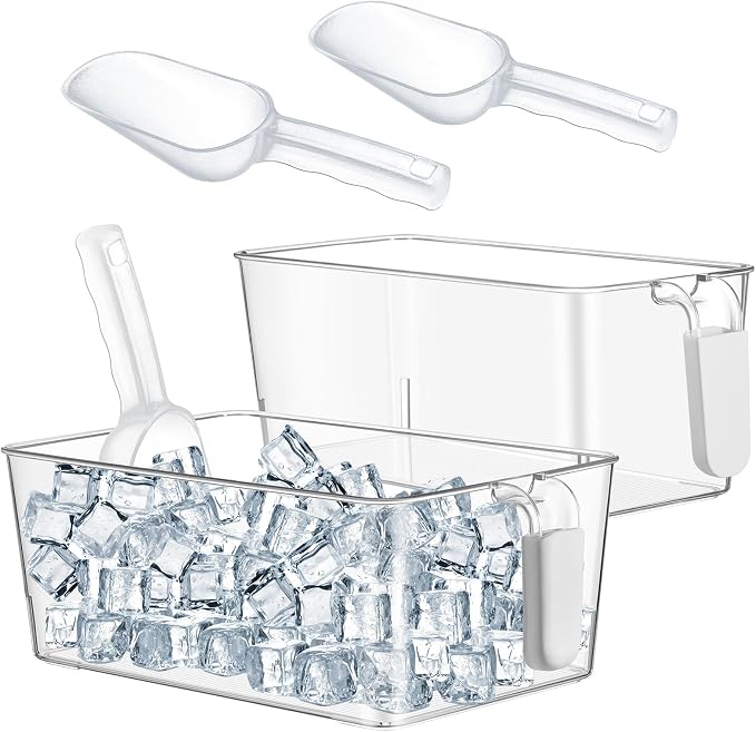 Havawish Ice Storage Bin and Flexible Scoop Set Plastic Freezer Bin | Freezer Ice Bin Scoop, Clear Bucket Container, Pull Handle, Flexible Storage, 10.83 X 7 X 4.33 In,10.83 X 4.92 X 4.33 in
