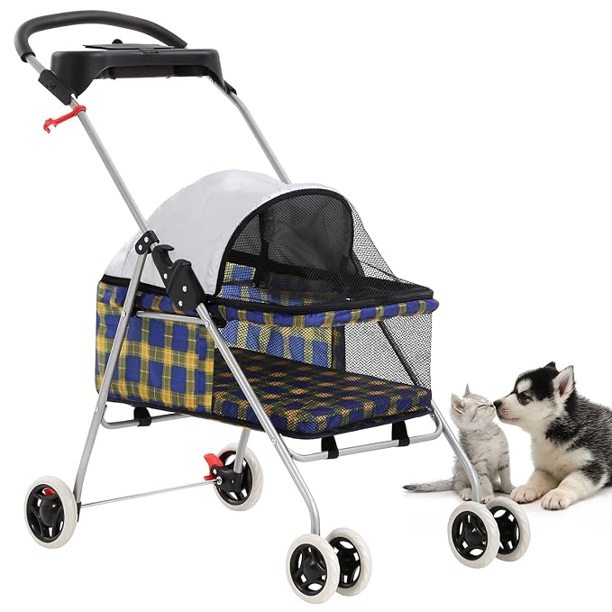 HGS Pet Cat Dog Stroller 4 Wheels Jogger Puppy Travel Carrier Portable Doggie Cage Strolling Cart with Cup Holders, 35Lbs Capacity Folding Waterproof for Medium Dogs Cats Pet, Yellow Plaid