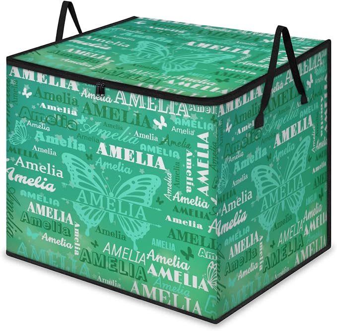 Custom Name Large Storage Bin with Lid, Personalized Storage Basket with Zippers for Organizing Comforters, Blankets, Bedding Closet Shelf Baskets, Watercolor Green Butterflies
