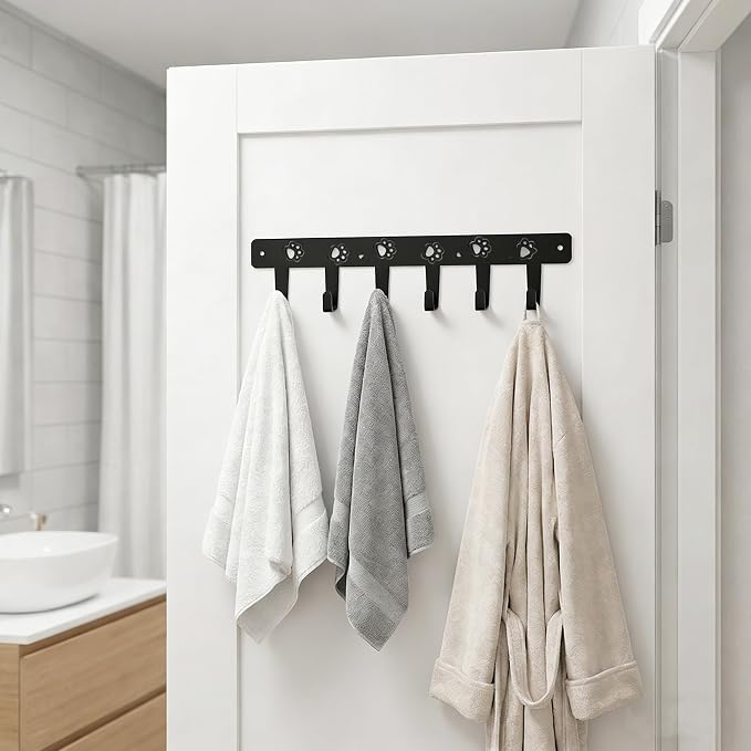 Dog Leash Holder for Wall, Extra Wide 6 Hook Key Rack with Pet Paw Print & Heart, Matte Black Rust-Proof Pet Organizer for Thick Leashes & Keys, Perfect for Mudroom & Entryway, Dog & Cat