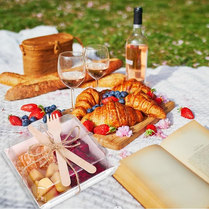 Whaline 50Pcs 4.7 x 4.3 In Small Charcuterie Boxes with Clear Lids White Mini Dessert Boxes with Forks and Knives Disposable Food Containers for Wedding Birthday Sandwich Cookie Sushi Cake Slice Fruit