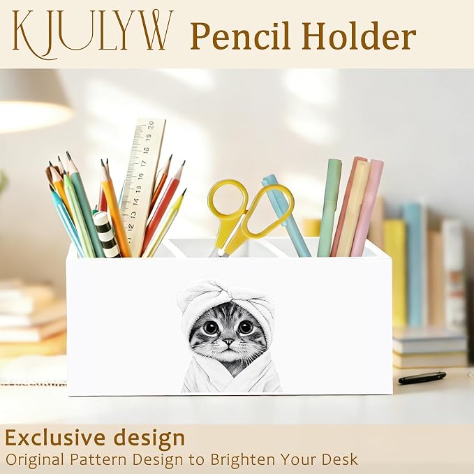 Cat Toothbrush holder Gifts，Cat Pen Holder for Desk, Funny Bathrobe Kitty Wooden Box Toothbrush Organizer for Bathroom Powder Room Desk Accessories