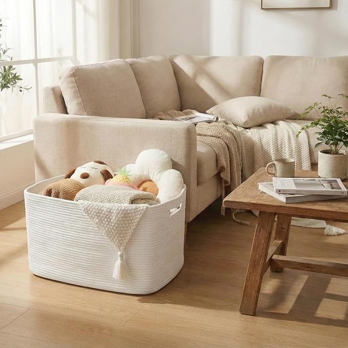 JMvicyroam 65L Large Woven Cotton Rope Blanket Basket, White | Blanket storage for living room or bedroom use, Freestanding with reinforced handles, Entire basket is machine washable