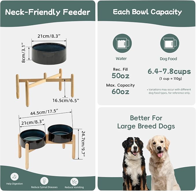 Havniva Ceramic Dog Bowls Elevated, Raised Dog Food Bowl for Large Dogs | 8.3” Elevated Dog Bowls, Non-Slip Wood Stand, Dog Food and Water Bowl Set, Dog Feeding Dish, Large Capacity Pet Water Bowl