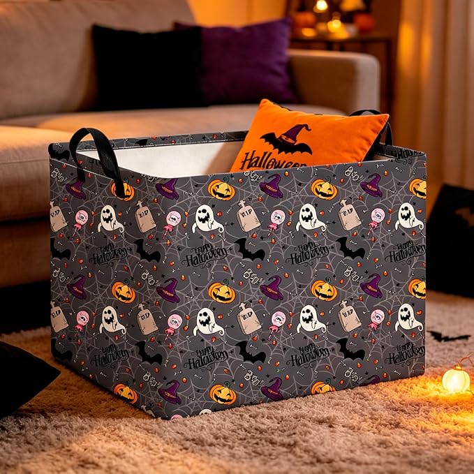 CLOCOR Rectangular Storage Basket,Collapsible Cute Pattern Storage Bin,Waterproof Books Box with Handles,Gift Basket(Grey Tombstone Halloween)