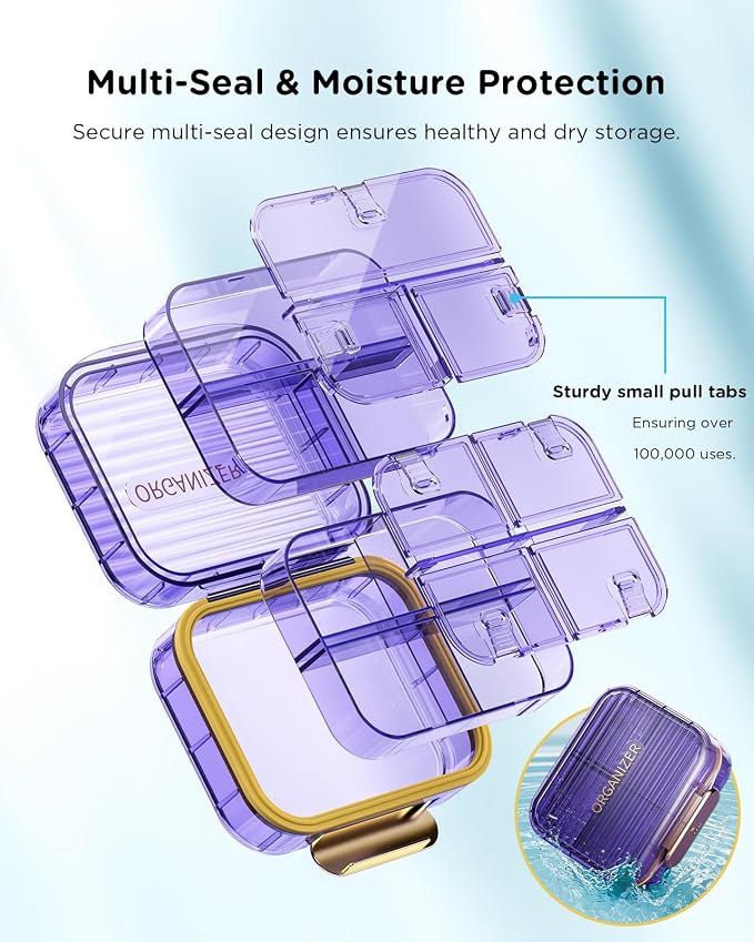 Acedada Small Pill Box, Travel Pill Organizer for Purse, Purple | 7-Compartment Moistureproof Pill Case, Daily Pill Container, Portable Medicine & Vitamin Holder for Fish Oil & Supplements