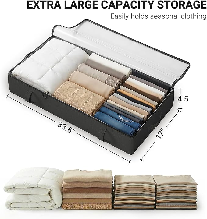2-Pack Under Bed Storage Containers, 4.5 Inches Tall Clothes Storage, Black | Low Profile Collapsible Underbed Organizer Bin with Sturdy Sidewalls/Bottom, Cotton-linen bins, For Seasonal Clothes