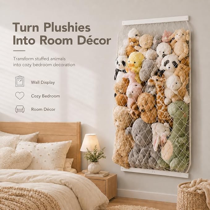 Stuffed Animal Storage Holder, Elastic Stuffed Animal Net,Door/ Wall Mount Length Adjustable Hanging Stuffed Animal Organizer, Plushie Net For Nursery Play Room-White Boards Patent