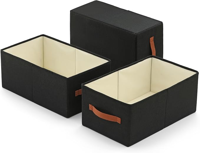 linen closet organizers and storage, 3 Pack Large Storage Baskets, Washable, Clothing Storage Bins with Handle, Closet Organizer for Storage Sweater,Sheets (Black, 18½"x11 x8½)