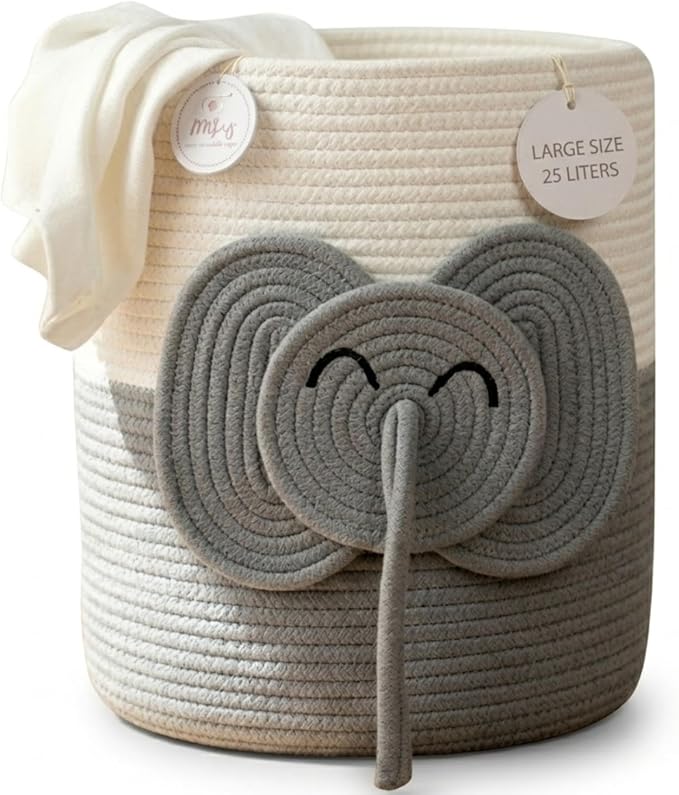 Collapsible laundry baskets for Kids, 25L Woven Cotton Rope Bin with Elephant Design, Cutout Handles, Foldable & Washable Baby-Safe Toy Organizer for Stuffed Animals, Laundry, Clothes (Elephant)