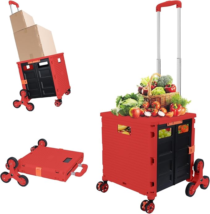 FELICON SELORSS Folding Utility Climber Cart Portable Rolling Crate-Red | Stair Climbing Wheels+360°Swivel Wheels,Telescoping Handle,Plastic Box Dolly for Travel Shop Move Laundry Office Teacher Use