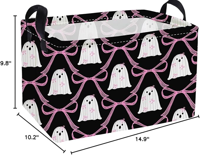Essme Rectangular Halloween Basket,Ghost Storage Bins Organizer with Handles for Room Decor, Gift Basket,Shelf Basket.(Bow Ghost)
