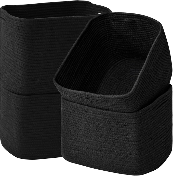 ICERZCZ Storage Baskets for Organizing & Shelves, Woven Cotton Rope Organization Bins for Dog Toys, Clothes, Books, Nursery Organizer, 15"Lx11''Wx9.5''H, (4 Packs) Black