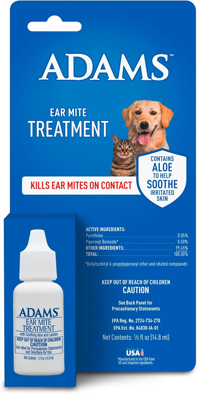 ADAMS Ear Mite Treatment for Dogs, Cats, Puppies & Kittens, Kills Ear Mites On Contact, Ear Drop Relief for Dogs and Cats Suffering from Ear Mites, Soothing Aloe and Lanolin Formula, 0.5 Fl oz