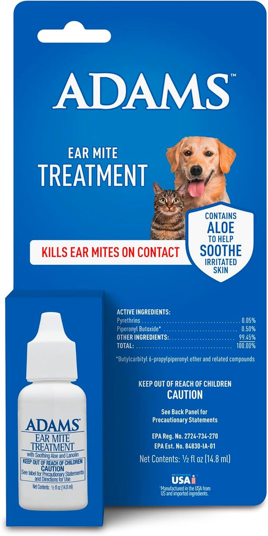 ADAMS Ear Mite Treatment for Dogs, Cats, Puppies & Kittens, Kills Ear Mites On Contact, Ear Drop Relief for Dogs and Cats Suffering from Ear Mites, Soothing Aloe and Lanolin Formula, 0.5 Fl oz