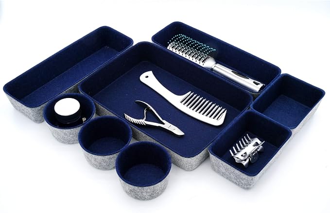 Welaxy 8pc office desk drawer organizer tray felt Storage bins Shallow Navy