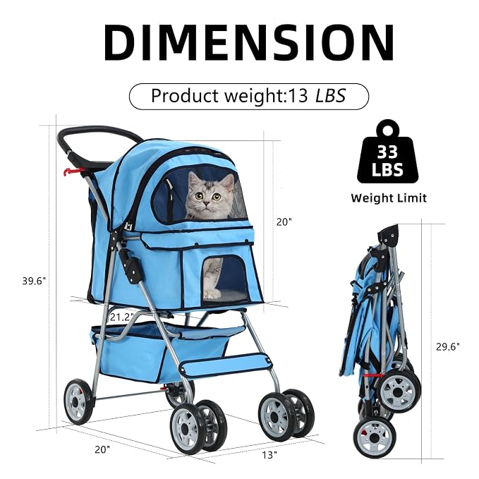 4 Wheels Cat Stroller, Pet Cat Jogger Stroller, Folding Carrier Waterpro with Cup Holder & Removable Liner, Dog Strollers for Small Dogs, for Small and Medium Pet Supplies (Blue)