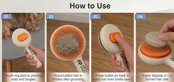 Argo's Pack - Pet Hair Remover Comb for Dogs & Cats, Effective Grooming Shedding Tool, Brush for Indoor Pets with Self-Cleaning Button, Safe Deshedding Tool for Short & Long Hair Pets (Orange)