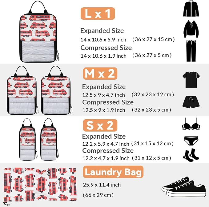 Fire Trucks Compression Packing Cubes Car 6 Set Travel Packing Cubes for Suitcases Lightweight Expandable Organizers