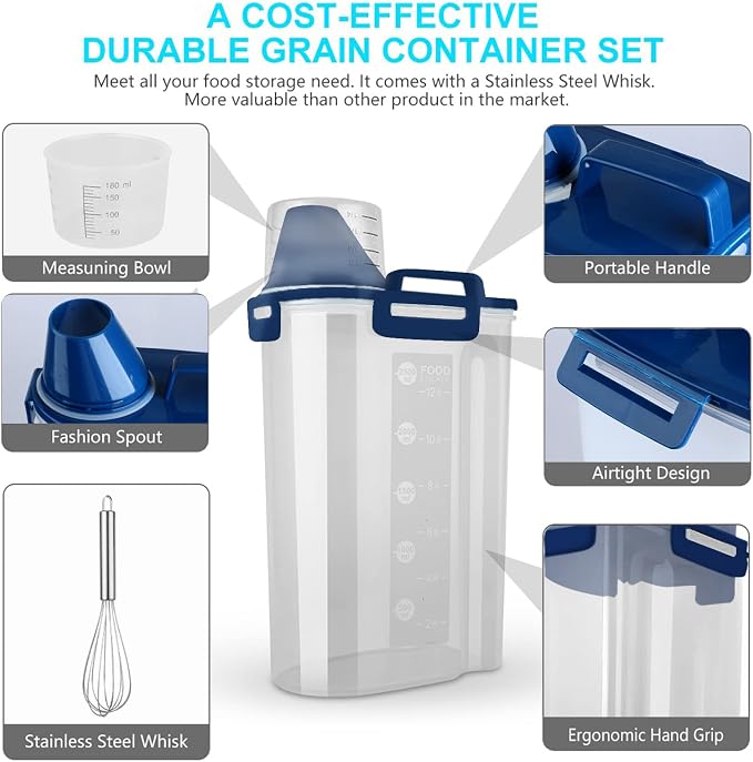 Uppetly Rice Airtight Dry Food Storage Containers, BPA Free Plastic Storage Bin Dispenser with Pourable Spout, Measuring cup for Cereal, Flour and Baking Supplies Blue