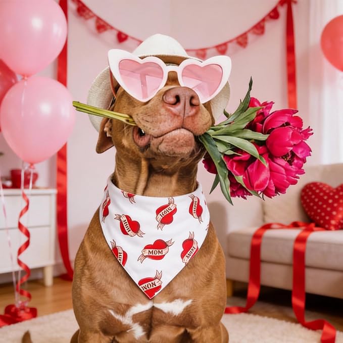 Valentines Day Dog Bandanas - Vintage Mom Heart Print, Holiday Costume Pet Scarf, Adjustable Snap Button for Small & Medium Breeds (5-30lbs)