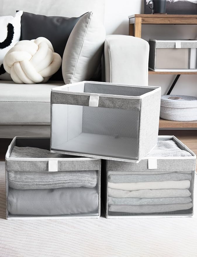 StorageWorks Large Closet Storage Bins, Fabric Storage Basket, Gray, 3-Pack | Mesh Front Window, Soft Leather Handles, Collapsible, Flip to Show/Hide, Closet Organizers Bins for Shelf, Bedroom, Bathroom