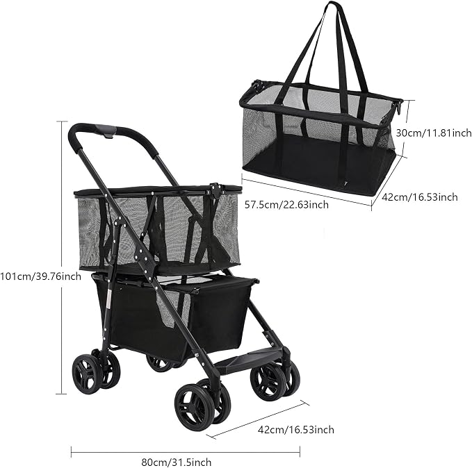 2-in-1 Folding Shopping Cart & Pet Stroller, Lightweight Grocery Cart with 360° Swivel Wheels & Detachable Carry Bags, Multi Use Utility Carts Portable Trolley for Shopping, Picnic and Office, Black