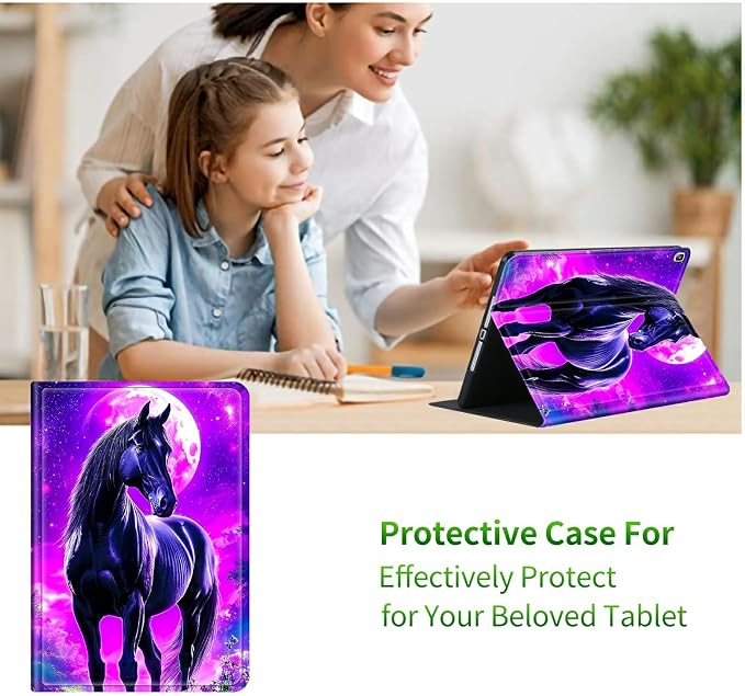 Case for Samsung Galaxy Tab A7 10.4" 2022/2020 (T503/T509/T500/T505/T507) | Slim Leather Smart Cover with Multi-Angle Anti-Slip Stand [Auto Wake/Sleep] Shell for Women Men, Purple Black Horse