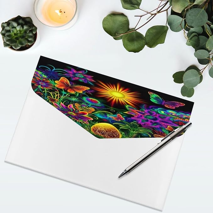Reusable Trippy Colorful Flowers Butterfly Floral Clear File Folders with Snap Button, Letter Size, Documents Folder for Home Necessities