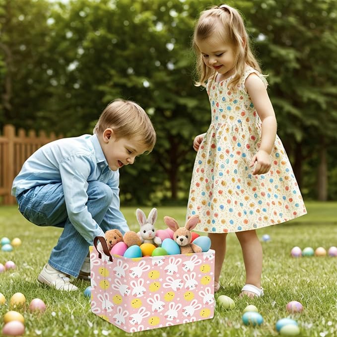 Large Cute Easter Basket for Kid Empty Gift Baby Rectangle Storage Bin Bunny Eggs Boy＆Girl Room Décor (Rabbit Chicken Star Pink)