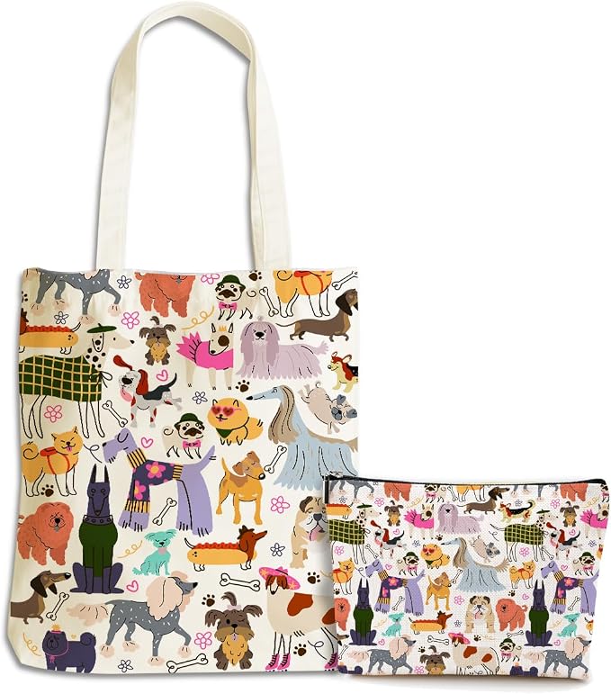 Aesthetic Dog Gifts Dog Mom Gifts for Women, Dogs Lover Pet Owner Girls Sister Makeup Bag Canvas Tote Bag, Reusable Grocery Bags with Inner Pocket for Shopping Birthday Christmas Friendship Wedding
