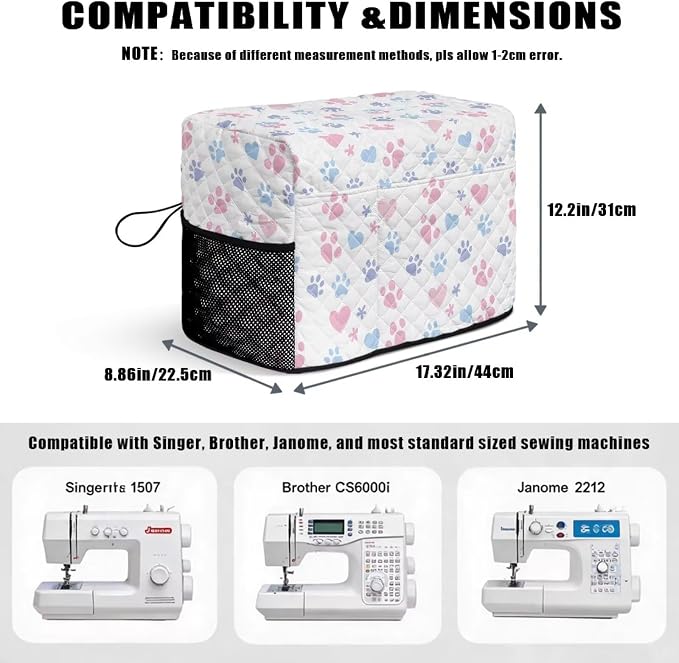 Sewing Machine Cover Polyester Febric Cute Paw Heart Print | Dust Pet Hair Protection,Quilting Design,Fits Standard Singer,Brother Janome Machines,Protecting Decorating Your Sewing Space