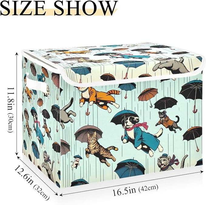 Storage Box Cats and Dogs Storage Bins with Lids, Larger Collapsible Fabric Storage Baskes with Handles for Living Room, Playroom, Bedroom, Nursery 16.5x12.6x11.8 Inch
