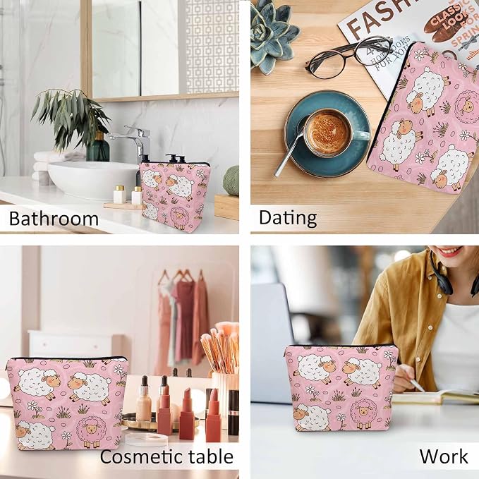 Makeup Bag For Purse Sheep, Farm Animal Weed Flower Sheep Cosmetic Bags For Women With Zipper Travel Toiletry Pouch Makeup Bags Makeup Organizers Purse For Toiletries Cosmetics