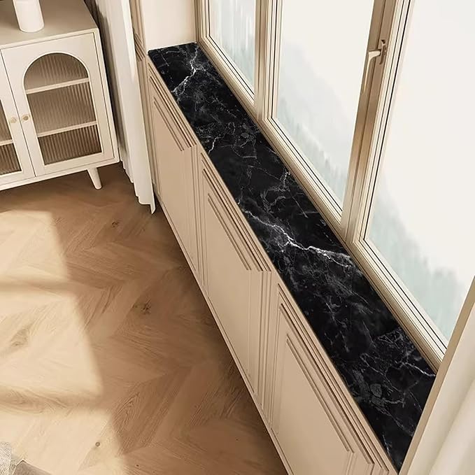 Cut-to-fit Narrow Window Sill Mat,Absorbent Window Sill Cushion Pad Non-Slip Backing,Customizable Decorative Window Sill Protector Cover for Dog Cat Pets(59" L x 4" W, Black Marble)
