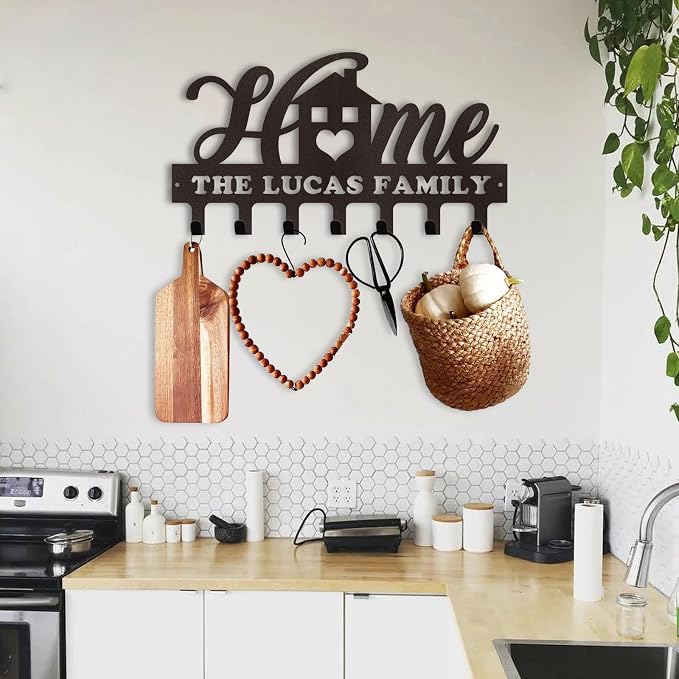 Dyoart Personalized Key Rack - Metal Wall Mount Custom Name Hooks, Sweet Home Coat Rack - Housewarming Gift