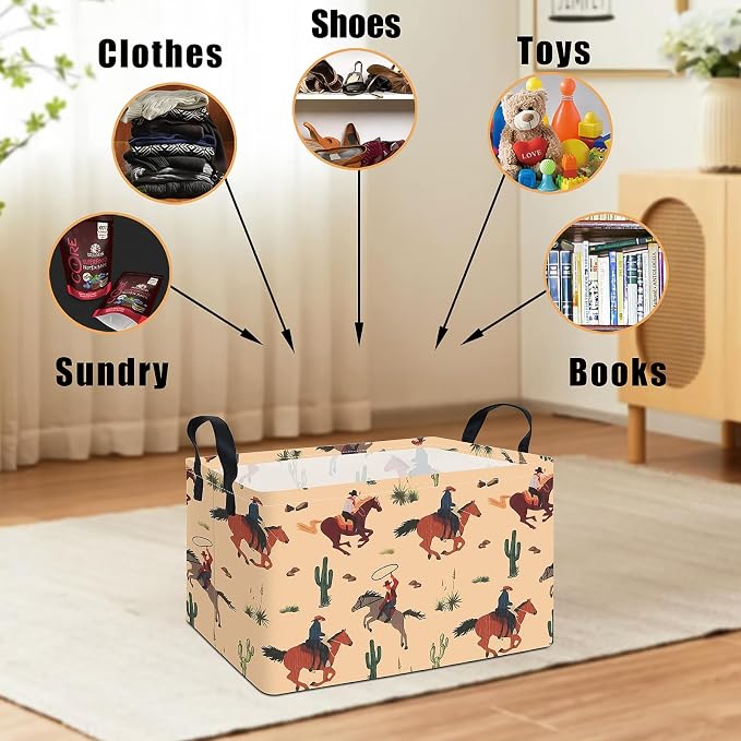 Rectangular Collapsible Storage Basket Nursery Toy Organizer Cactus Cowboy | Storage Bin Foldable Canvas with Handles for Organizing Home Kitchen Children Toys Office Closet Shelf Baskets