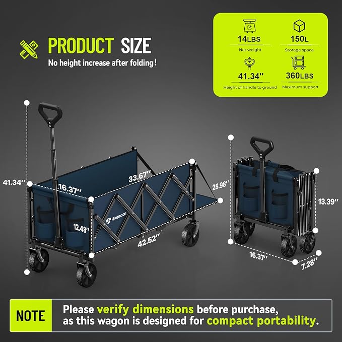 43'' Extra Long Folding Wagon with Extended Tailgate, Blue | Wagons Carts Foldable, 360LBS Heavy Duty, Compact Portable, Utility Collapsible for Shopping/Beach/Garden/Camping/Sports