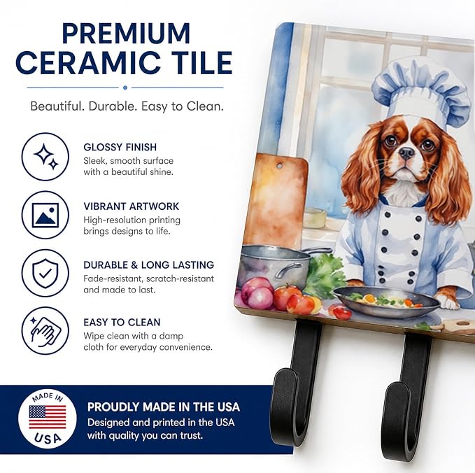 Caroline's Treasures Cavalier Spaniel The Chef Leash or Key Holder Wall Hooks, Key Hooks Holder, Coat Rack Wall Mount, Coat Hooks, Hooks for Hanging Keys, Towels, Aprons, Leashes | Cavalier Spaniel The Chef artwork on ceramic tile with three steel hook...