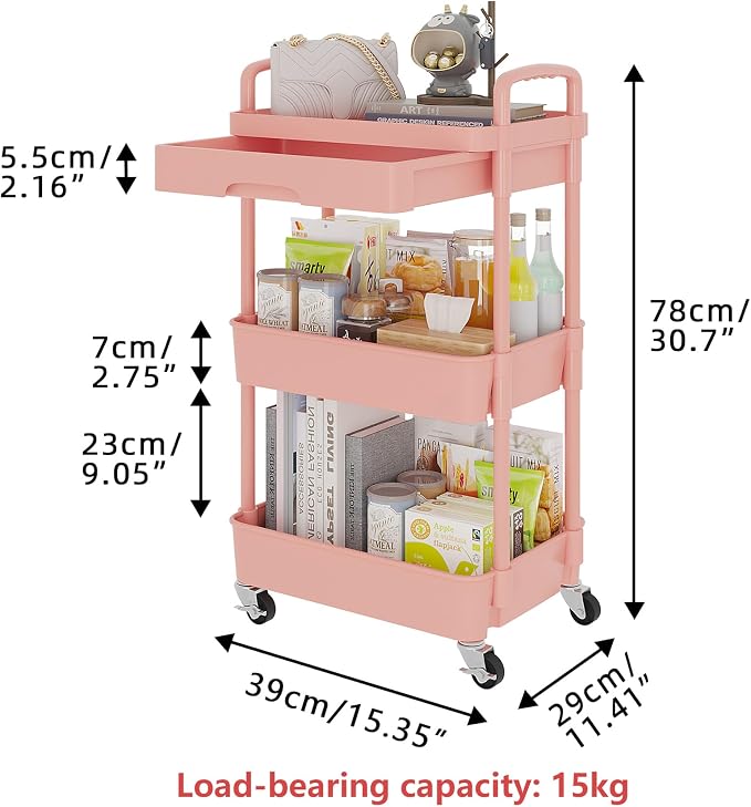 Calmootey 3-Tier Utility Cart with Drawer & Wheels, Storage for Home,Office | Space-Saving Organizer, Sturdy Plastic Shelves, Smooth-Rolling Metal Wheels, Built-in Drawer for Small Items, Pink