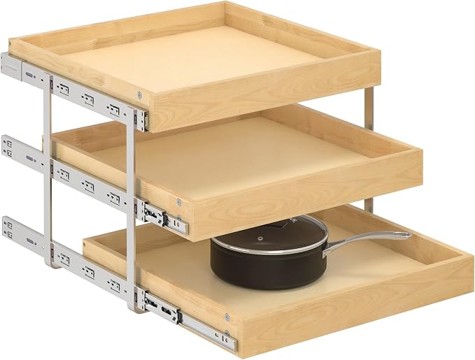 WelFurGeer 3-Tier Pull Out Cabinet Organizer with Soft Close, Heavy-Duty Pull Out Drawers for Cabinets, Slide Out Shelf for Kitchen, Pantry, Bathroom & Under Sink, Solid Birch Wood