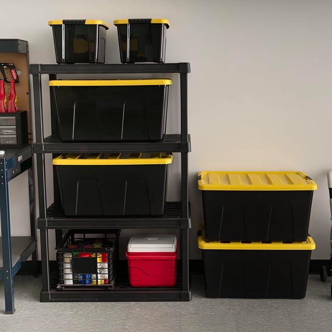 IRIS USA 4-Pack 94 Quart Storage Bins with Lids, Black/Yellow | Black finish conceals stored items. Ideal for holiday décor, bulky items, and long-term storage. Nestable design saves space