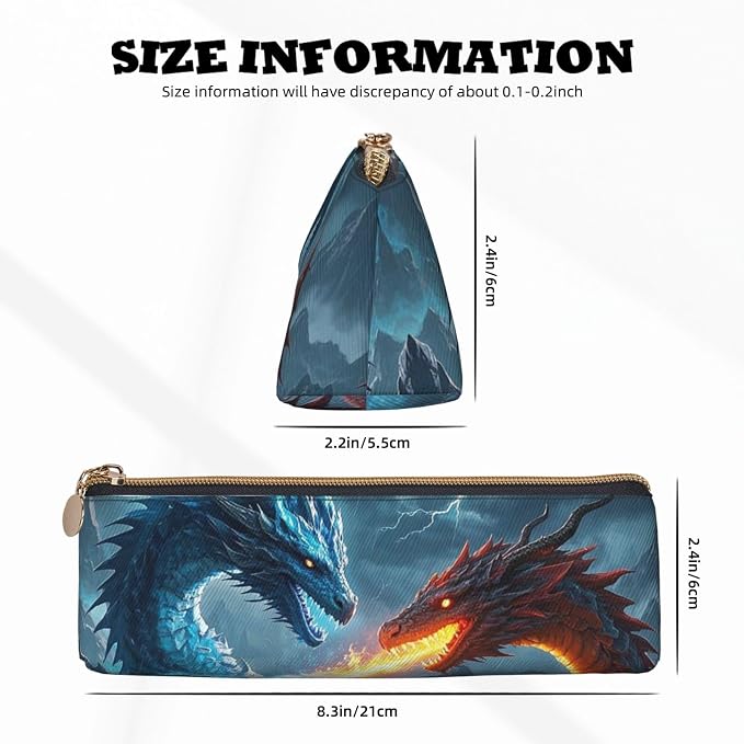 Leather Pen Case with Zipper - Aesthetic Pen Holder Ice Dragon and Fire Dragon Pencil Case for Women & Men - Handcrafted Pencil Bag Multi-Functional Travel Cosmetic Case for Work Office Tool Pouch