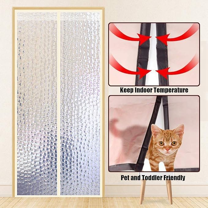 Magnetic Thermal Insulated Door Curtain for Air Conditioner Room/Kitchen Magnetic Screen Door with Hook & Loop Energy Loss Reduce Noise 31" x 76" Inch Clear White
