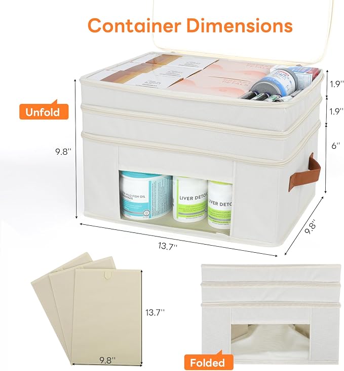 Medicine Organizer for Cabinet, 3-Tier, Beige | Foldable Storage Box, Fabic Medicine Organizer, Clear PVC Cover, Leather Handle, Empty First Aid Kit for Home and Travel