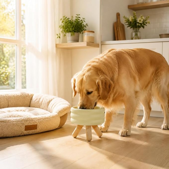 Industrial Dish Elevated Pet Feeding Stand Ceramic Bowl Wood Frame Stable Non Skid Neck Support Comfort Mealtime Organizer Suitable for Cats Dogs Home, White