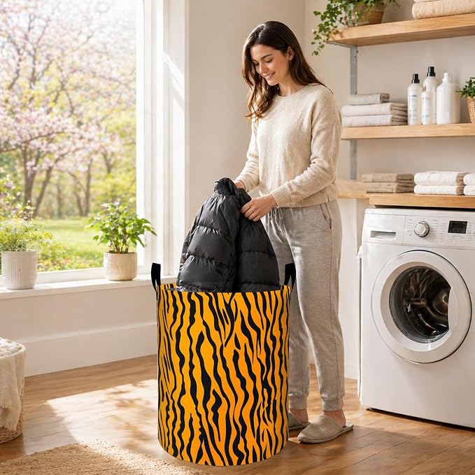 Tiger Print Laundry Basket, Orange Animal Stripe Oxford Cloth Dirty Clothes Collapsible Hamper for Room Decor, Minimalist Gifts, Toy Organizer 19.7 x 15.7 Inches for Bedroom Bathroom Dorm