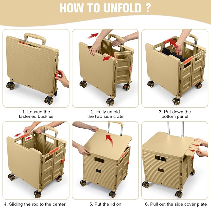 FELICON SELORSS Folding Utility Cart Portable Rolling Crate Handcart-Khaki | Magnetic Sliding Lid,Telescoping Handle,Plastic Box Dolly,360°Swivel Wheels for Travel Shop Move Laundry Office Teacher Use