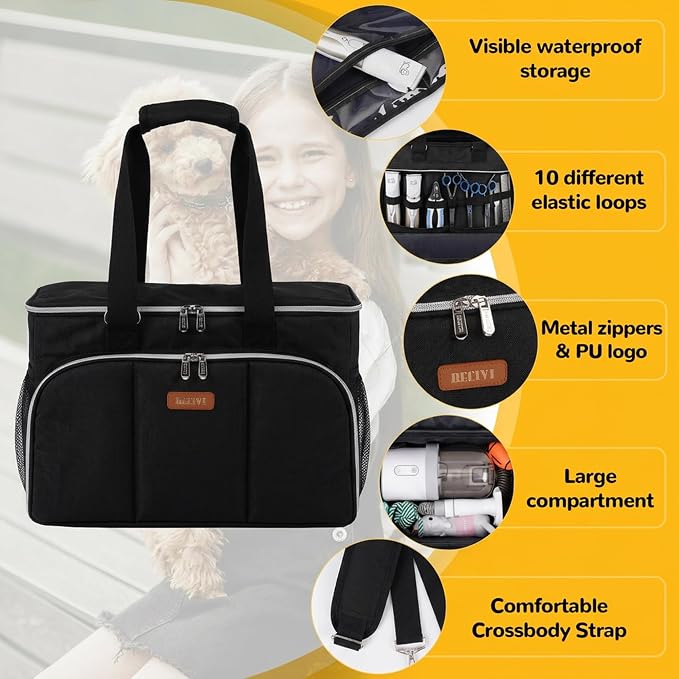 Dog Cat Grooming Bag for Vacuum,Scissors,Dog Grooming Kit Supplies | Portable Pet Grooming Supplies Organizer Tote Bag for Dogs Cats Grooming Kit Trimmer Tool Accessories Black (Bag Only)